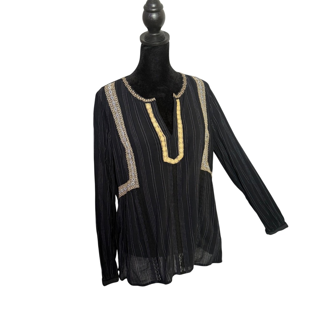 J.Jill Embroidered Lace Black Tunic Top Womens XS Split Neck Peasant BOHO NEW